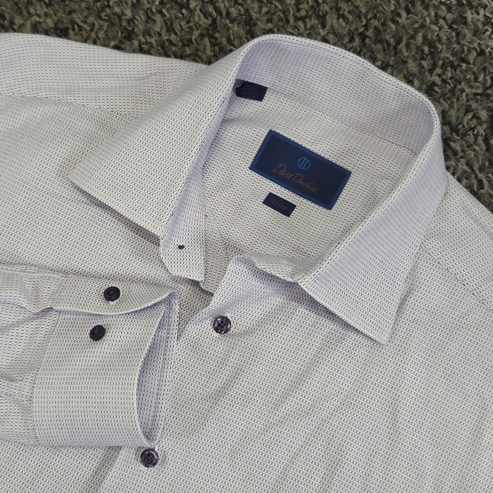 David Donahue Dress Shirt 16 34/35 Trim Purple Textured Cotton Long Sleeve